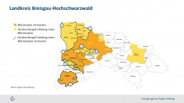 Aktueller Stand der Wärmeplanung in der Region Breisgau-Hochschwarzwald – die Grafik zeigt: Hartheim, Bad-Krozingen, Staufen, Müllheim, Auggen, Badenweiler, Freiburg und Kirchzarten haben bereits einen Wärmeplan, viele andere Kommunen sind in der Vorbereitung.