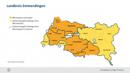 Aktueller Stand der Wärmeplanung im Landkreis Emmendingen – die Grafik zeigt: Rheinhausen, Herbolzheim, Weisweil, Kenzingen, Wyhl, Forchheim, Riegel, Endingen, Teningen, Emmendingen, Sexau, Reute, Denzlingen, Vörstetten und Waldkirch haben bereits einen Wärmeplan, viele andere Kommunen sind in der Vorbereitung.